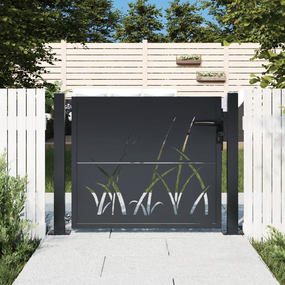 Puerta De Jardín | Puerta Para Valla Acero Gris Antracita Diseño Hierba 105x105 Cm CFW94581
