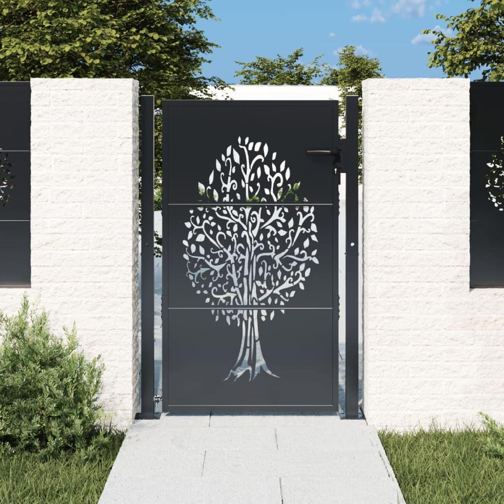 Puerta De Jardín | Puerta Para Valla Acero Gris Antracita Diseño árbol 105x155 Cm CFW15079