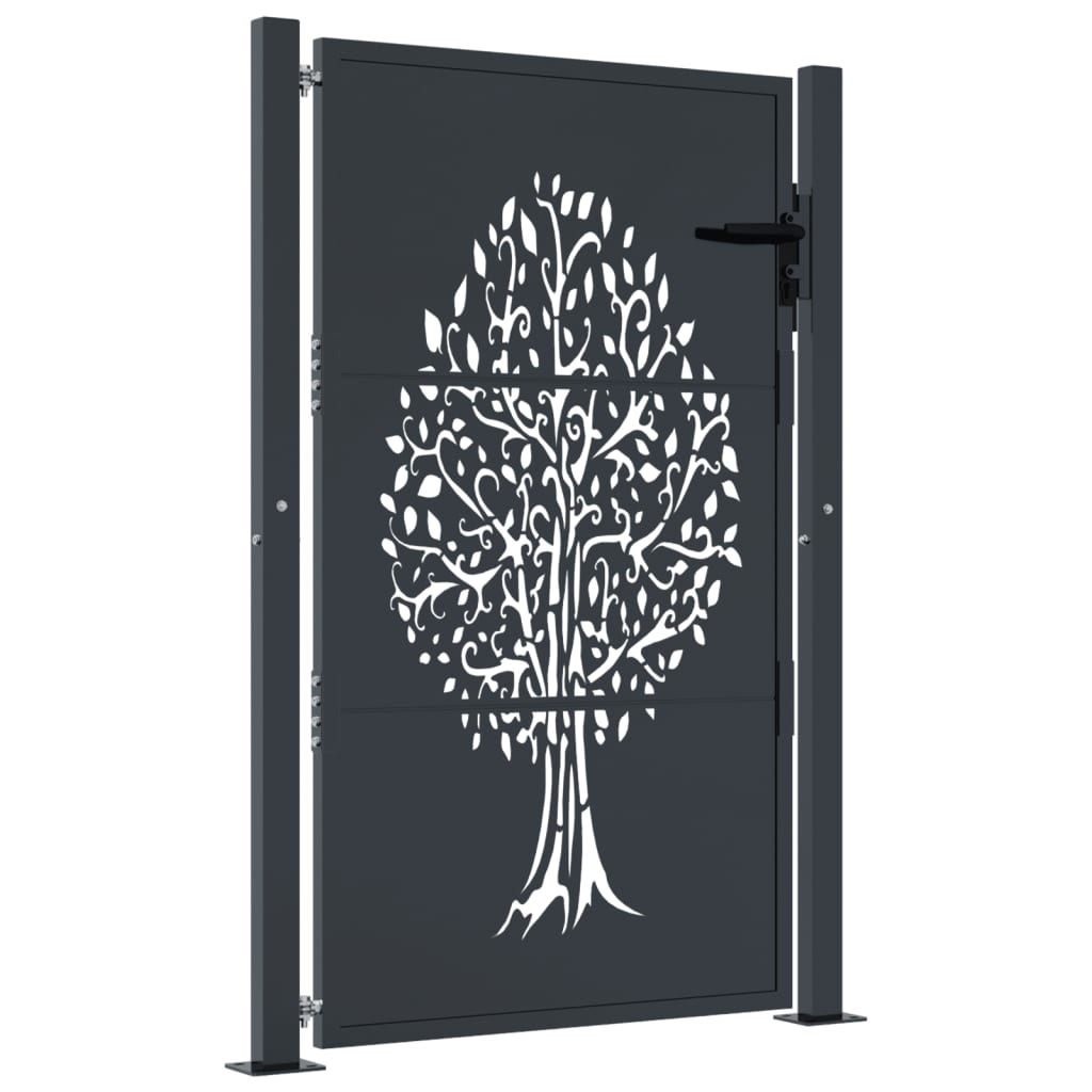Puerta de jardín | Puerta para valla acero gris antracita diseño árbol 105x155 cm CFW15079