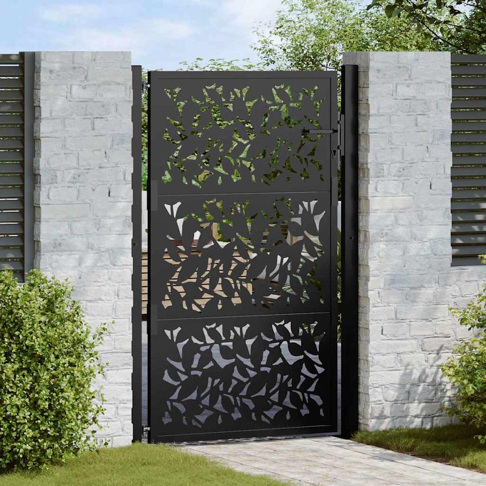 Puerta de jardín | Puerta para valla de diseño de hojas de acero negra 105x155 cm CFW98744