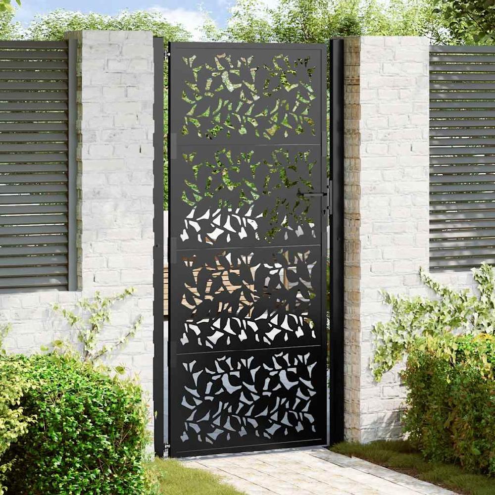 Puerta de jardín | Puerta para valla de diseño de hojas de acero negra 105x205 cm CFW69066