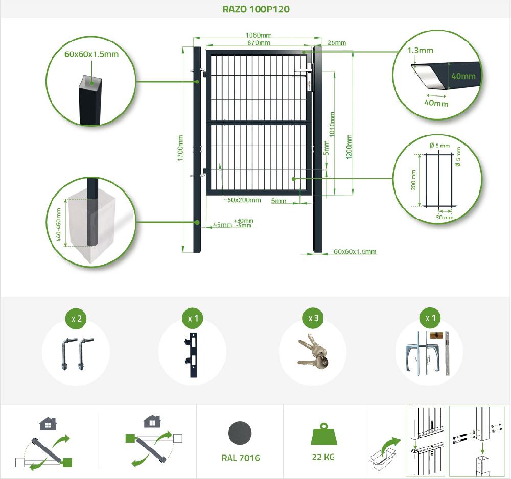 Puerta De Malla 1m Gris RAZO Al.120cm