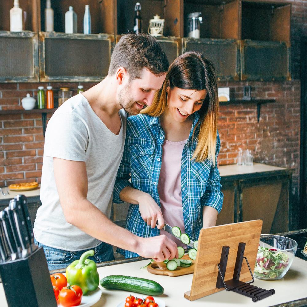 Relaxdays Atril Libro Cocina Mesa Sujetalibros 6 Niveles Inclinación Plegable Ajustable Bambú 24x34x21 Cm Marrón