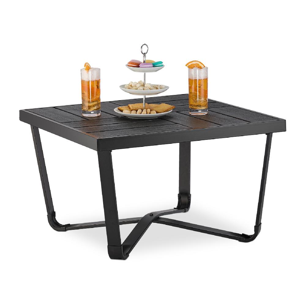 Relaxdays Mesa de Jardín 38x62x62cm Mesita Balcón Efecto Madera Plástico y Acero Mesilla Terraza y Exterior Negro