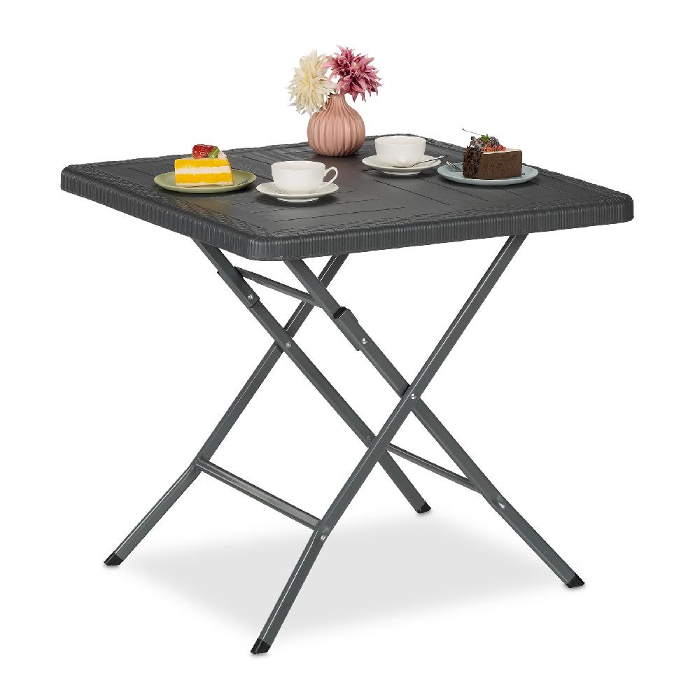 Relaxdays Mesa de Jardín Efecto Madera Cuadrada 74x78x78 cm Mesita Balcón Plástico Metal Mesilla Exterior Gris