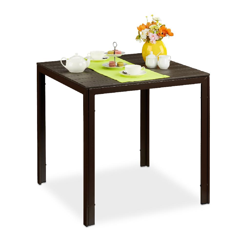 Relaxdays Mesa Jardín Cuadrada Efecto Madera Mesita Terraza Patio 74 5 x 77 5 x 77 5 cm Mesilla Balcón Marrón