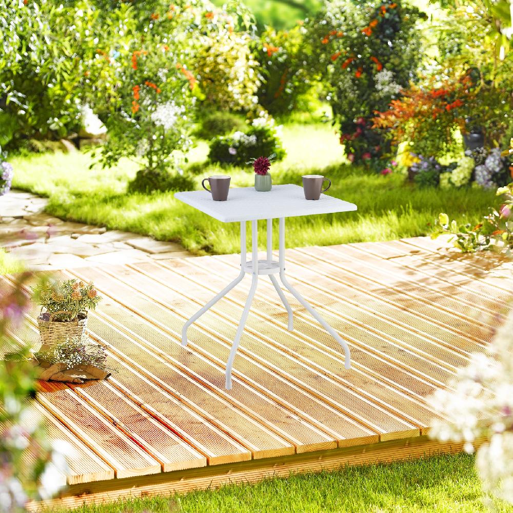 Relaxdays Mesa Jardín Cuadrada Efecto Ratán 75 X 61 X 61 Cm Mesita Balcón Plástico Y Acero Mesilla Exterior Blanco