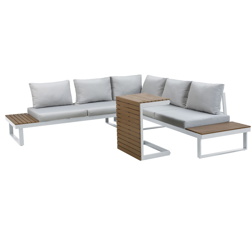 Rinconera ARENAL En Aluminio Blanco. Asiento Y Respaldo En Tejido Gris. Polywood Marrón