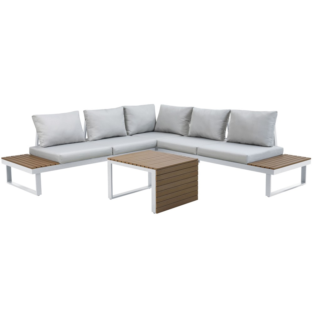 Rinconera ARENAL en aluminio blanco. Asiento y respaldo en tejido gris. Polywood marrón