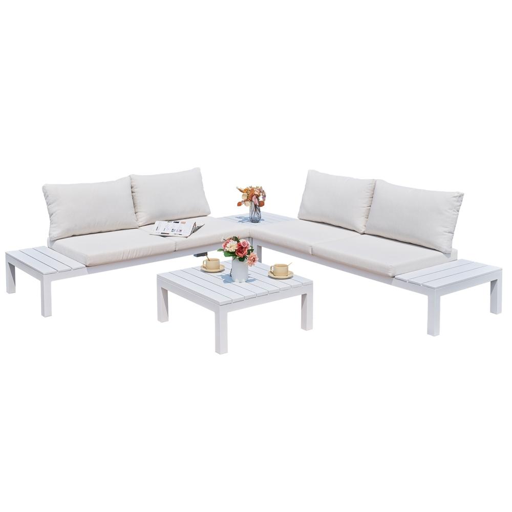 Rinconera TEIDE en aluminio con lamas en blanco. Asiento y respaldo en tejido blanco