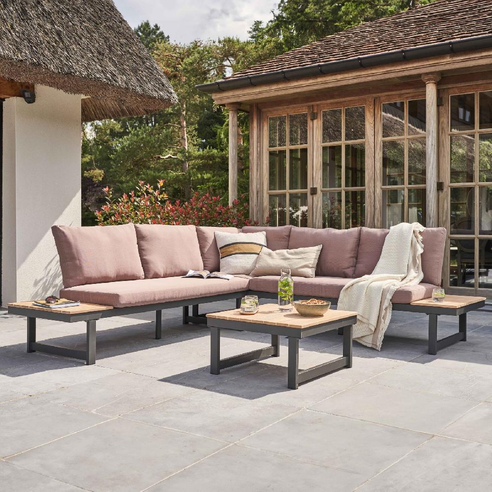 Sala de jardín baja de 6 plazas en aluminio y madera color topo