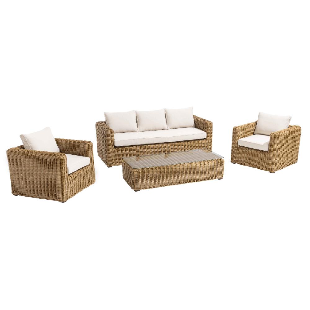 Sala De Jardín De 5 Plazas En Resina Trenzada Color Crema