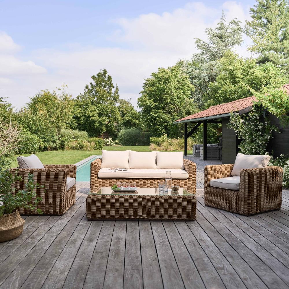 Sala De Jardín De 5 Plazas En Resina Trenzada Color Crema