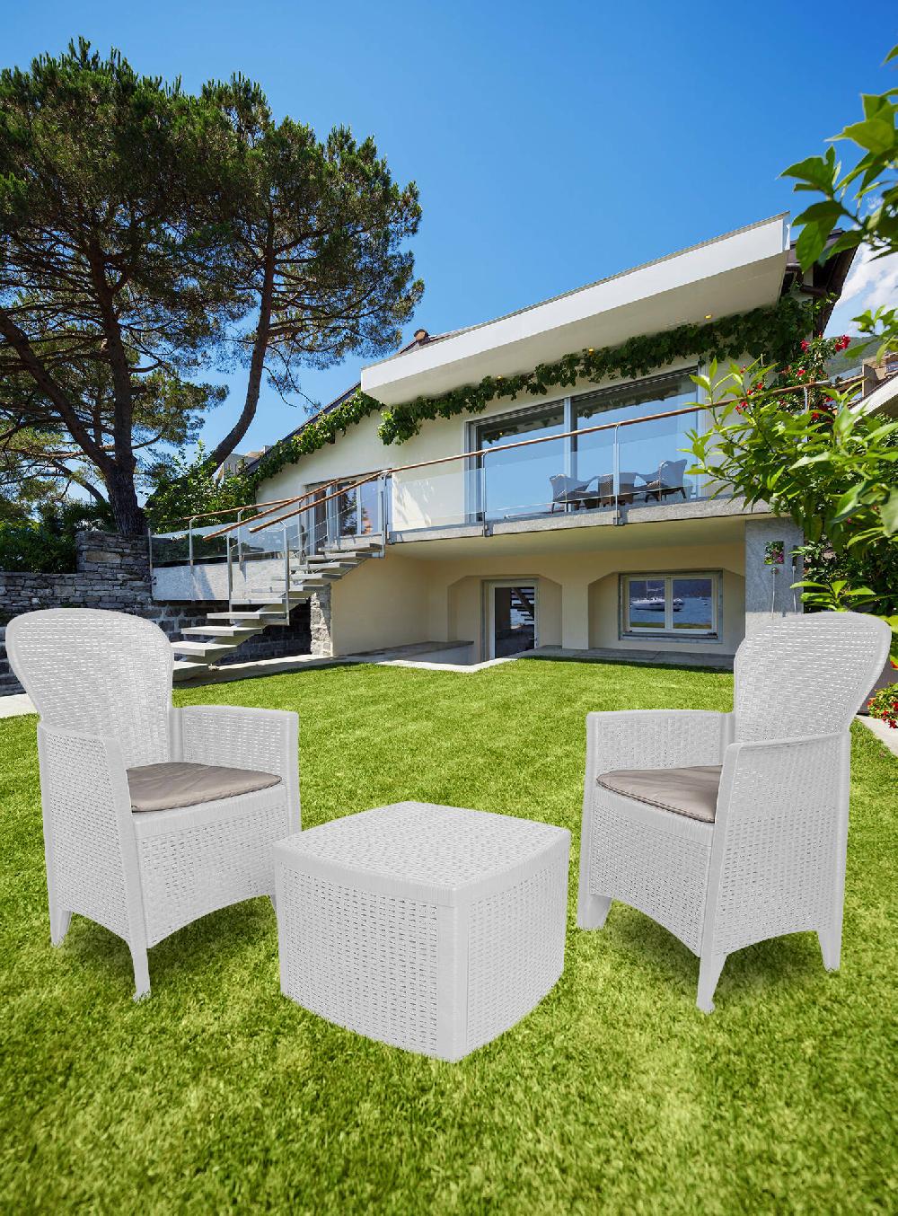 Salón De Jardín Anny CConjunto De Jardín Con 2 Sillones Y 1 Mesa Container Zona De Estar Efecto Ratán 100% Made In Italy Blanco