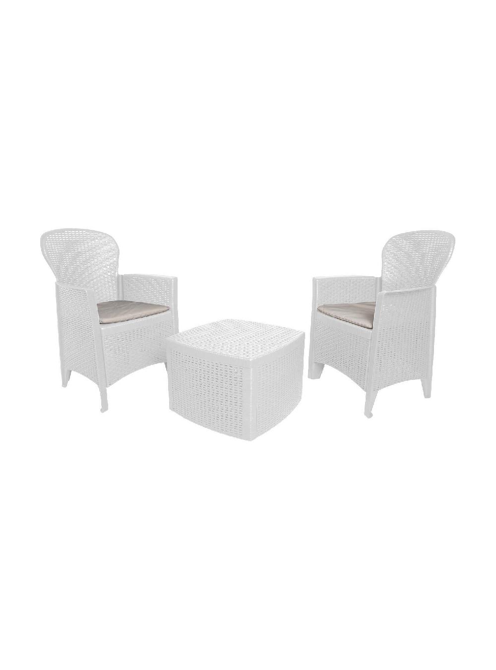 Salón De Jardín Anny CConjunto De Jardín Con 2 Sillones Y 1 Mesa Container Zona De Estar Efecto Ratán 100% Made In Italy Blanco