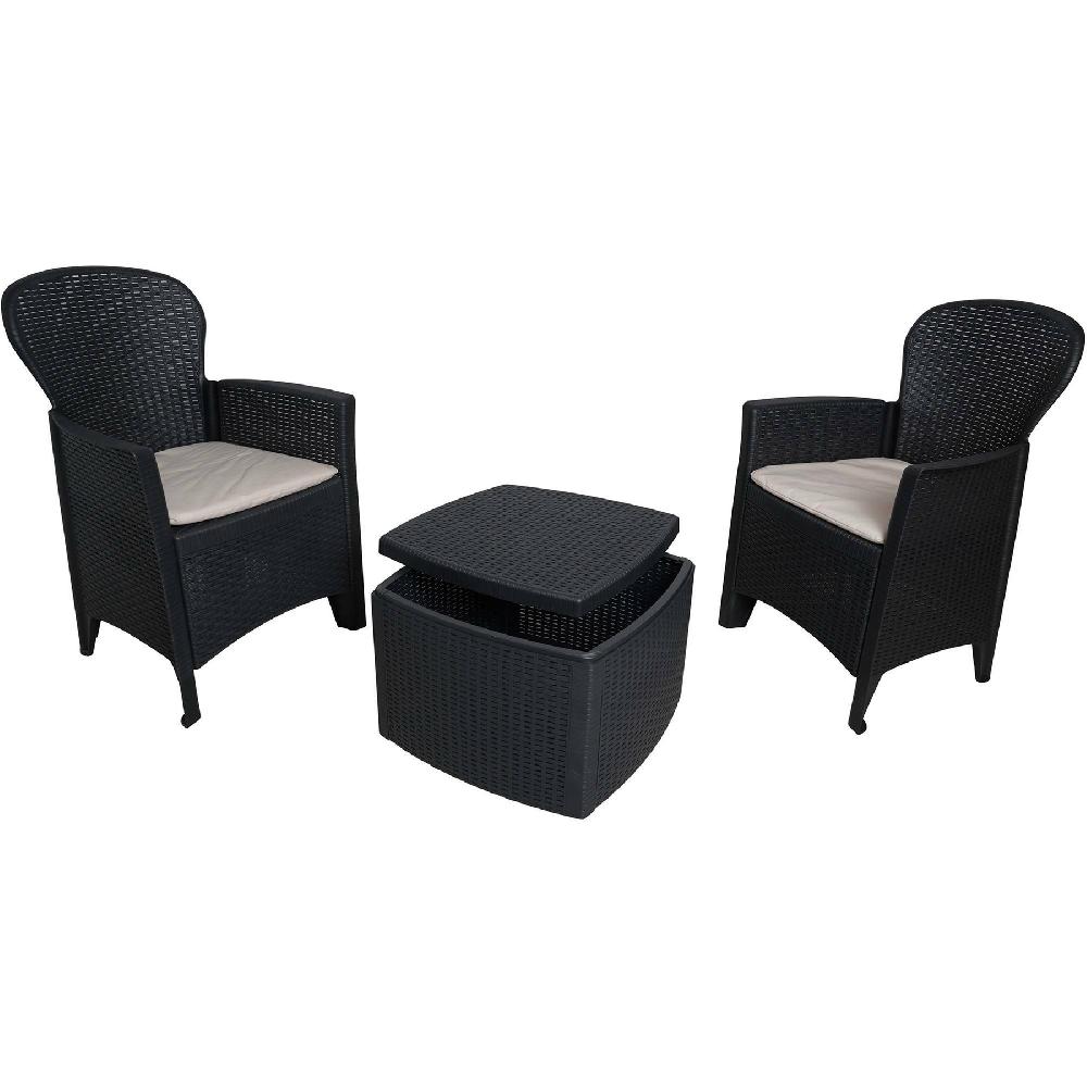 Salón De Jardín Anny Conjunto De Jardín Con 2 Sillones Y 1 Mesa Container Zona De Estar Efecto Rattan 100% Made In Italy Antracita