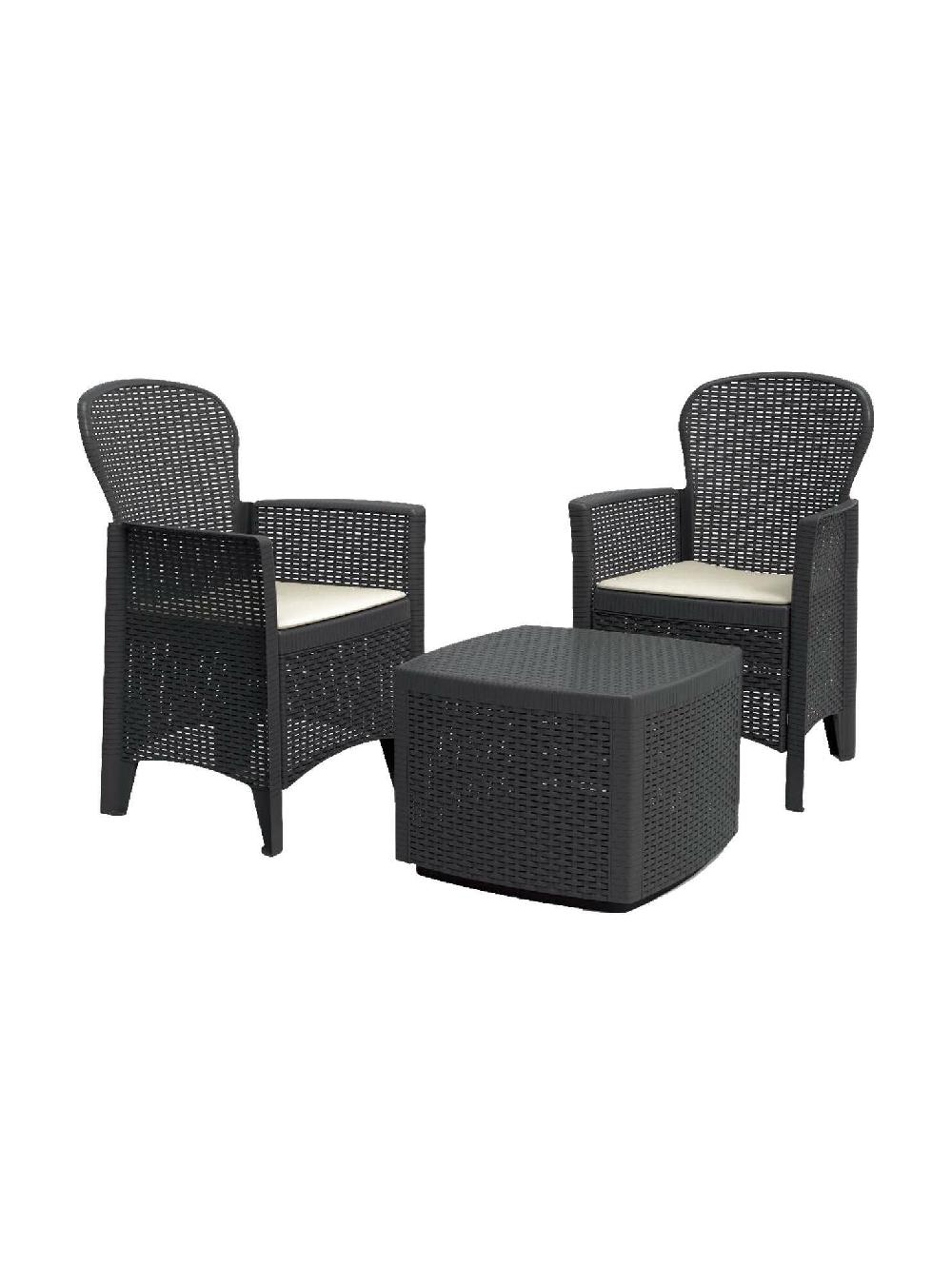 Salón de Jardín Anny Conjunto de jardín con 2 sillones y 1 mesa container Zona de estar efecto Rattan 100% Made in Italy Antracita