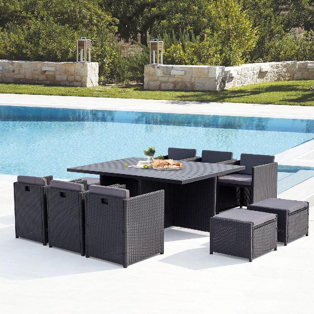 Salón De Jardín Encastrable 10 Plazas Resina Trenzada Y Alu Negro/gris SUNSET