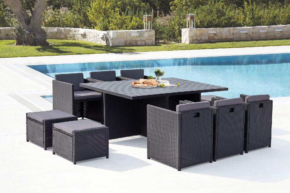 Salón de jardín encastrable 10 plazas resina trenzada y alu negro/gris SUNSET