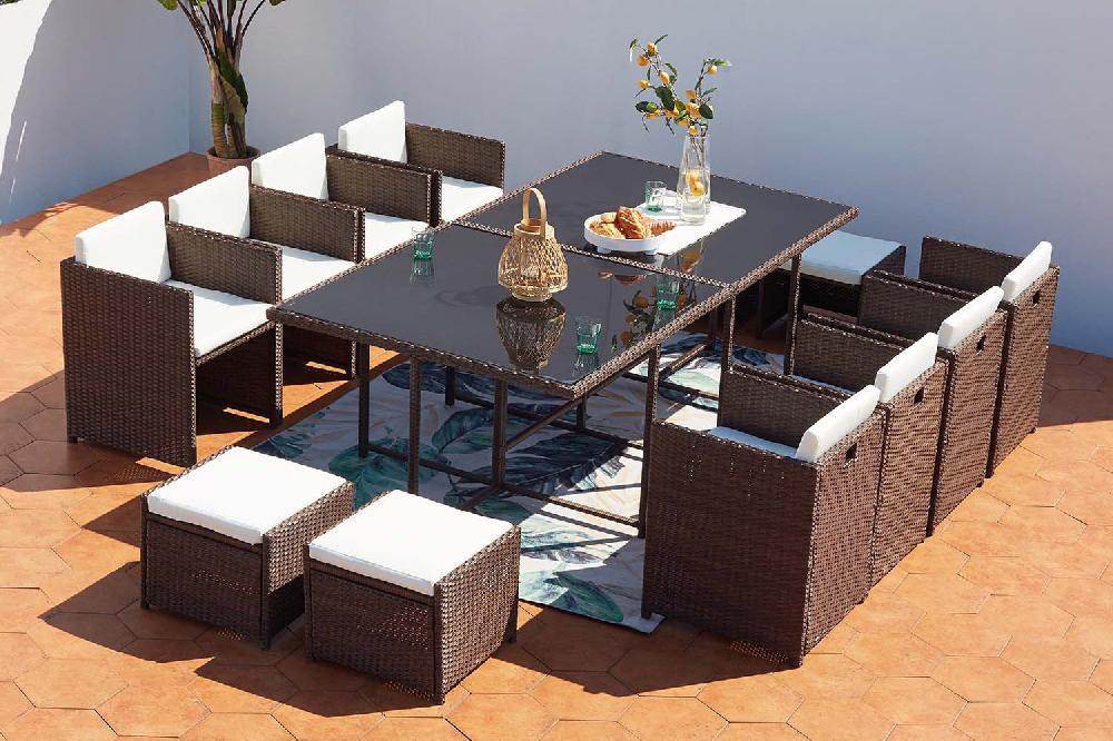 Salón de jardín encastrable 12 plazas de resina trenzada marrón/blanco MIAMI