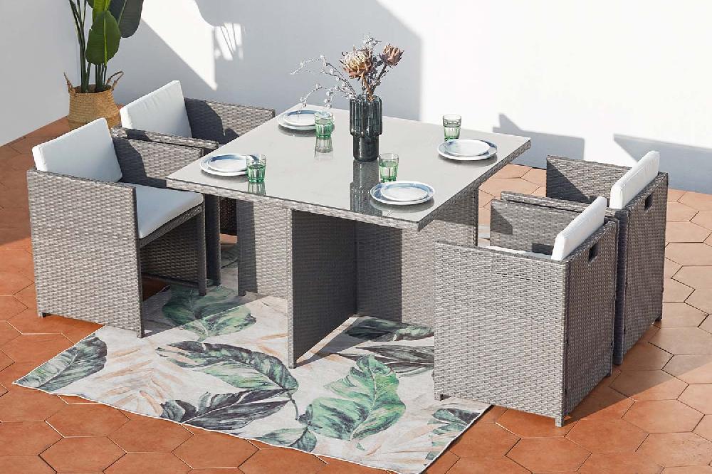 Salón de jardín encastrable 4 plazas de resina trenzada gris/blanco MIAMI