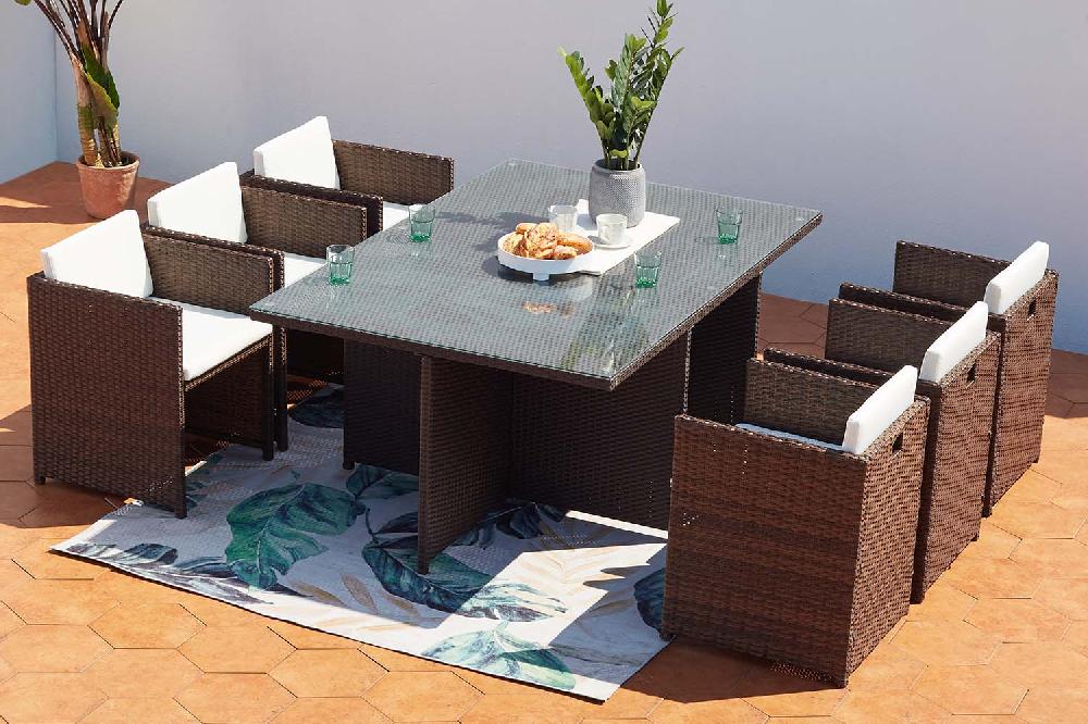 Salón de jardín encastrable 6 plazas de resina trenzada marrón/blanco MIAMI