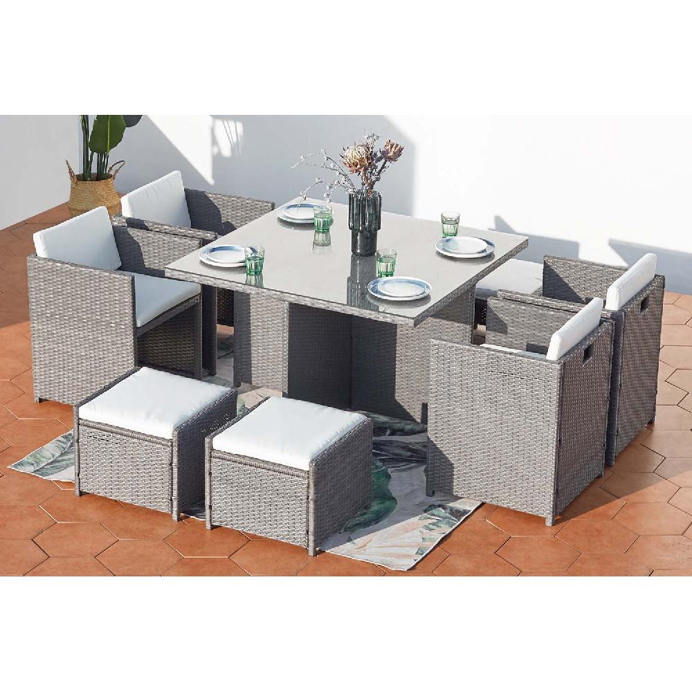 Salón De Jardín Encastrable 8 Plazas De Resina Trenzada Gris/blanco MIAMI