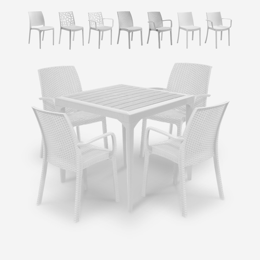 Set de jardín con 1 mesa de 80x80 cm y 4 sillas de exterior color blanco Provence Light