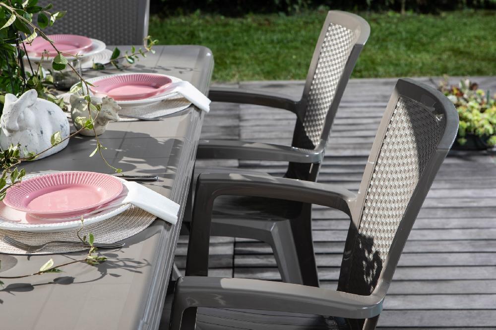 Set De Jardín De Polipropileno Con Mesa Samuel 200x95 Cm Y 6 Sillas Efecto Ratán Diana Topo