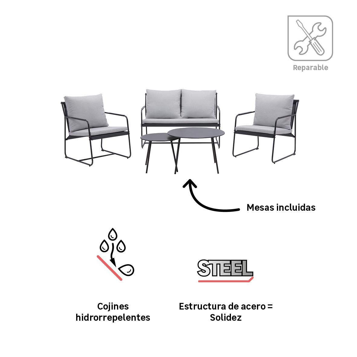 Set De Porche De Jardín NATERIAL Fino De Acero Para 4 Personas