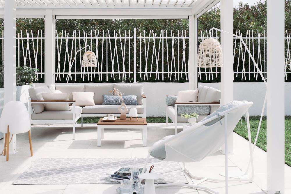 Set de porche esquinero NATERIAL Oris II de aluminio blanco para 5 personas