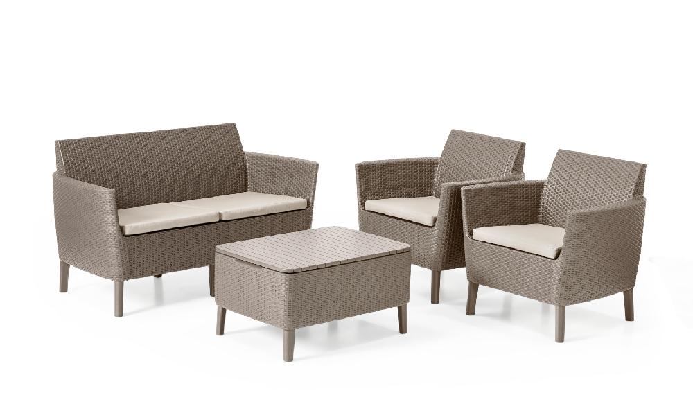 Set de sofás y mesa baja de resina para porche Salemo capuccino para 4 personas