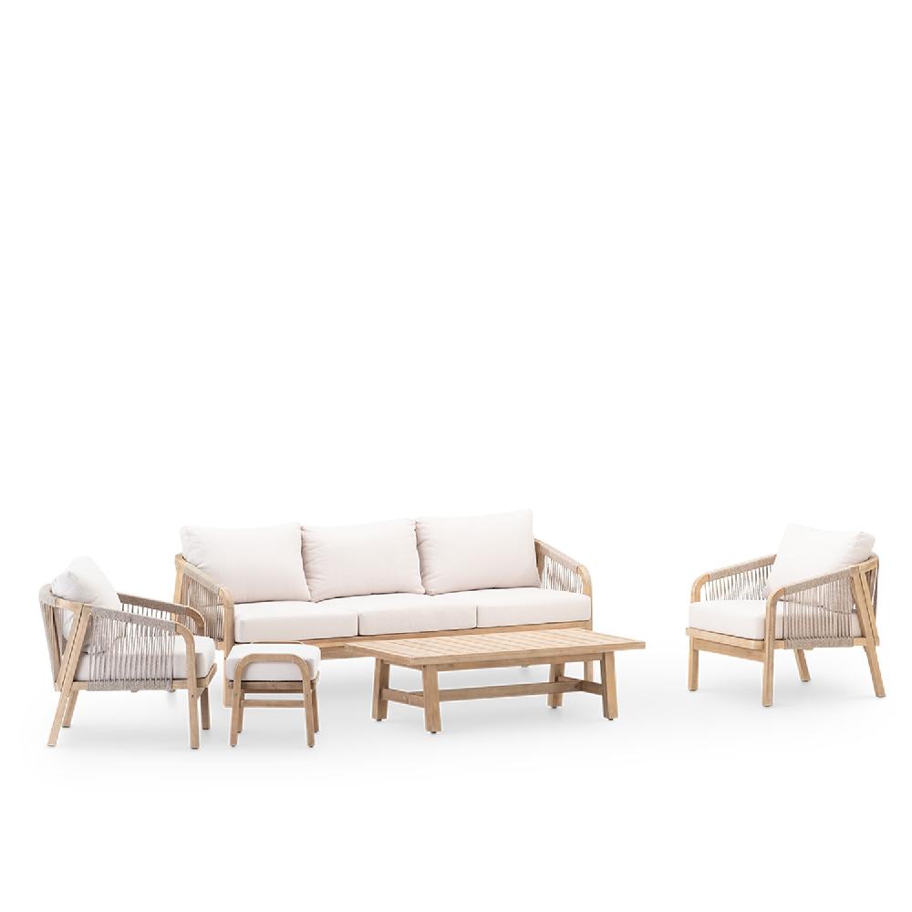 Set jardin 5 plazas con reposapies madera y cuerda beige - Siena
