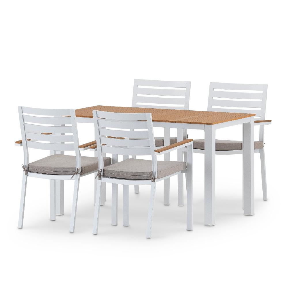 Set jardin mesa 130x70 y 4 sillas con cojín aluminio blanco - Osaka