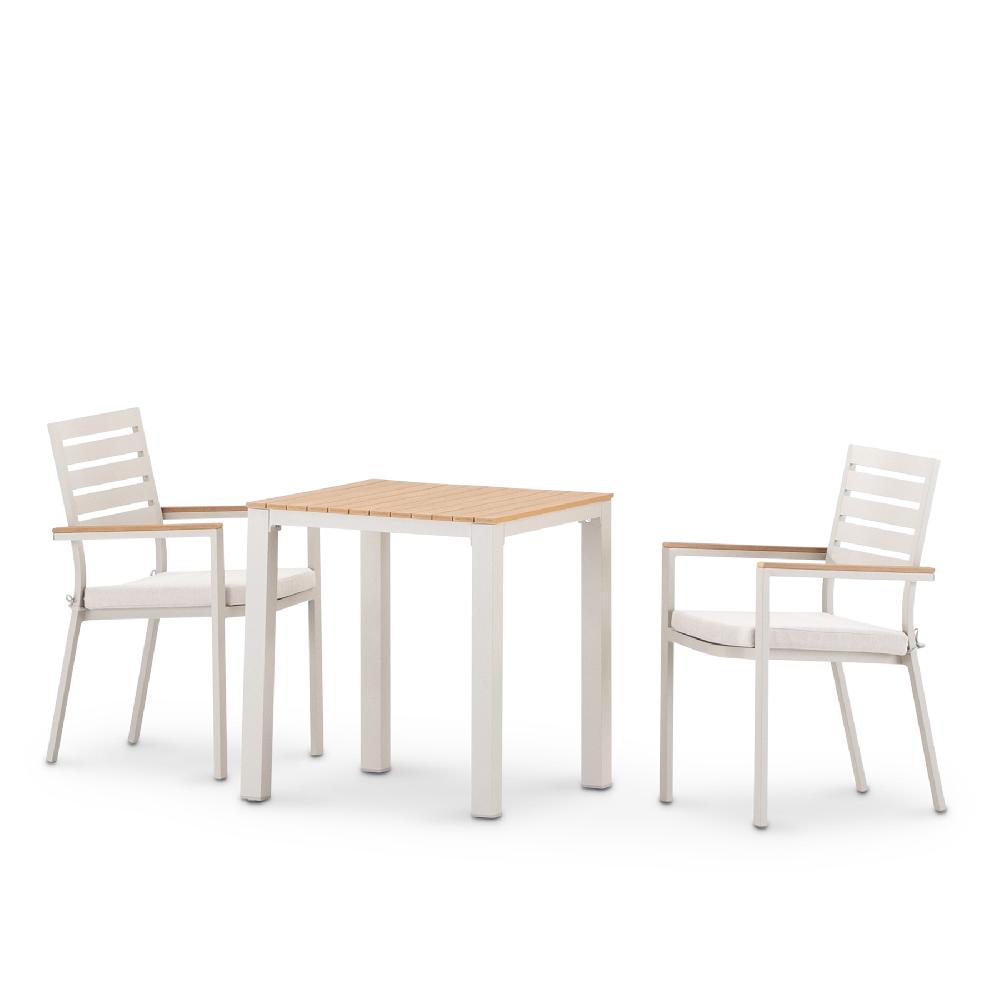 Set jardin mesa 70x70 y 2 sillas con cojín aluminio beige - Osaka