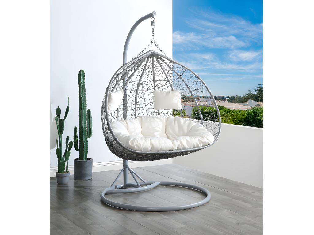 Sillón Colgante De 2 Plazas De Resina Trenzada - Gris Con Cojines Blancos - CAYAMBE