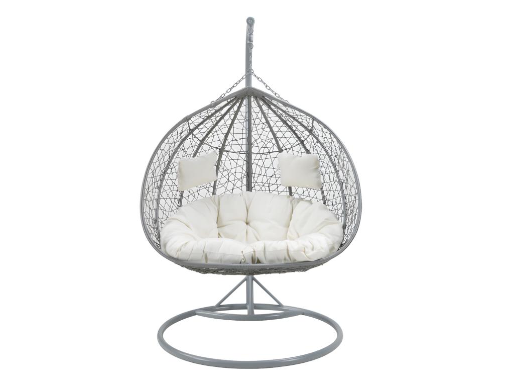 Sillón Colgante De 2 Plazas De Resina Trenzada - Gris Con Cojines Blancos - CAYAMBE