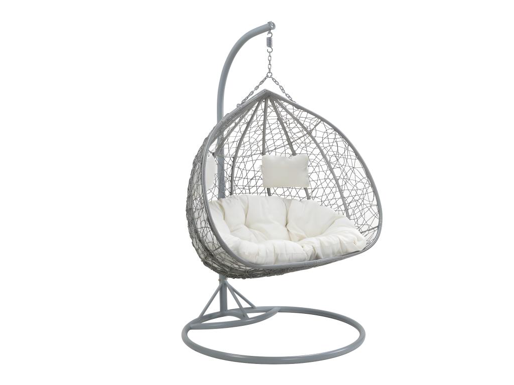 Sillón colgante de 2 plazas de resina trenzada - Gris con cojines blancos - CAYAMBE