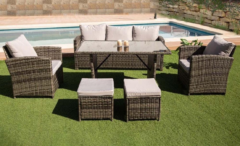 Sofa + Mesa + 2 Sillones+ 2 pufs de Ratan PE. Muebles de Jardin y Terraza Gris