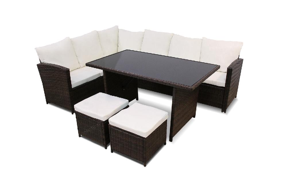 Sofa Rinconera + Mesa + 2 puffs de Ratan PE. Muebles de Jardin y Terraza Marron