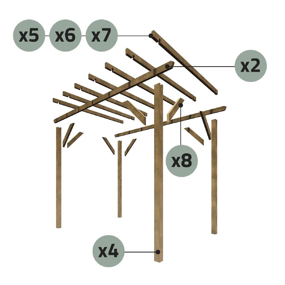 Travesaño de madera maciza mecanizado de 9x4x360 cm para pérgola