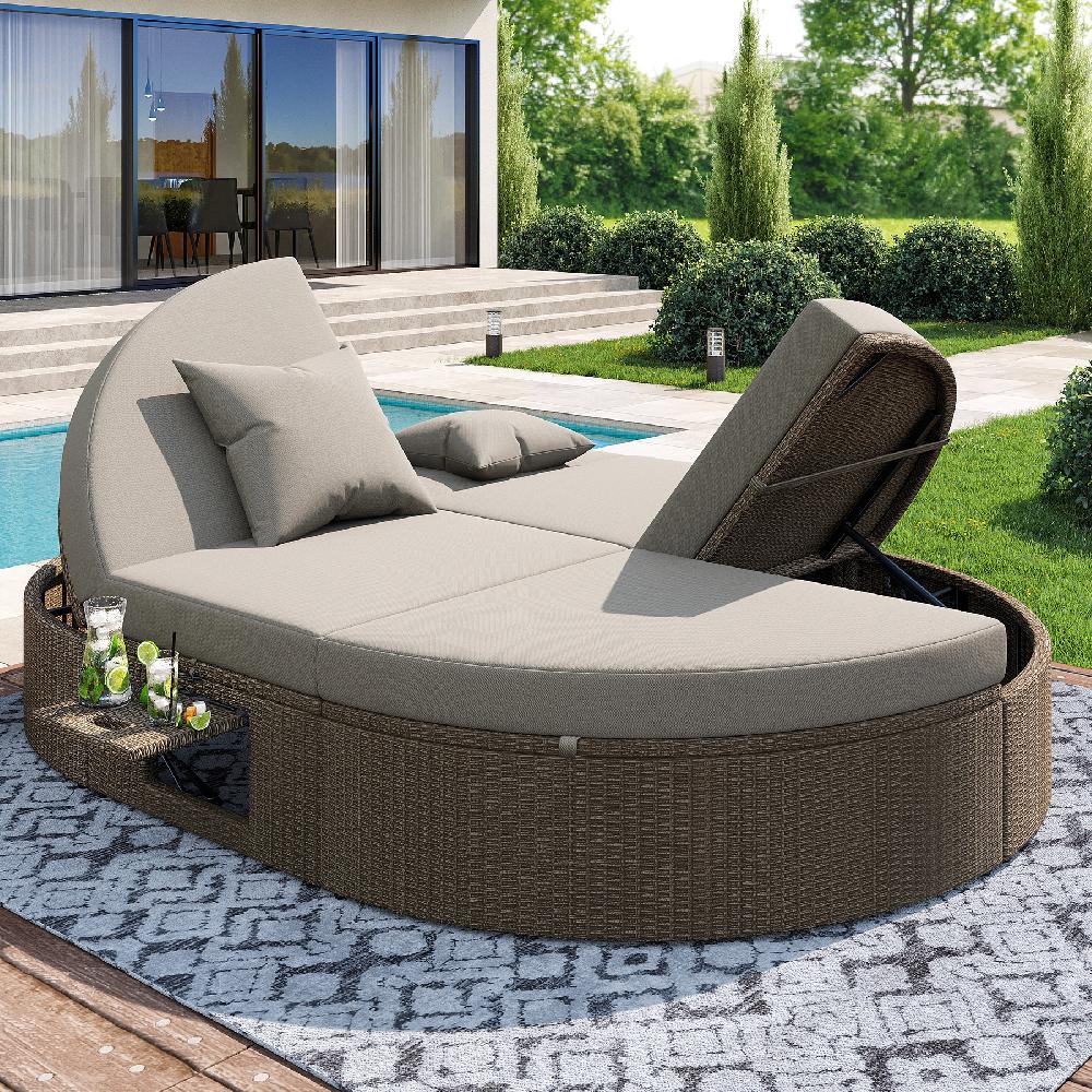 Tumbona De Exterior Regulable De 2 Plazas - Resina Trenzada Y Metal - Chaise Longue - Gris