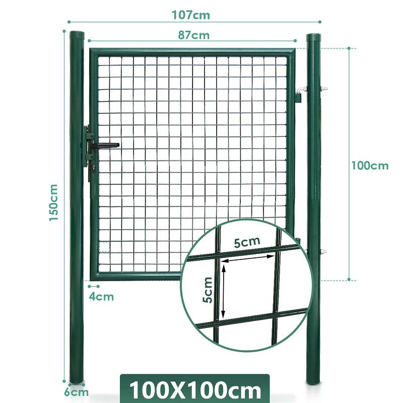 Verja De Jardín Con Cerradura Y Manilla Verja Peatonal Incorporada De Acero Galvanizado Con Recubrimiento En Polvo Poste Redondo Verde 100x100cm