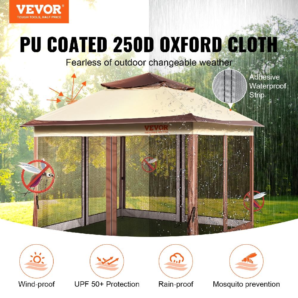 VEVOR Gazebo De Jardín 334x334 Cm Cenador De Patio Con Mosquitera Emergente Para 8-10 Personas Con Estructura De Metal Lona Oxford 250D Revestida De