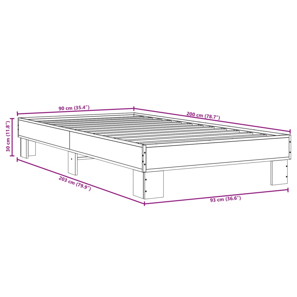 VidaXL Estructura Cama Madera Ingeniería Metal Gris Sonoma 90x200 Cm