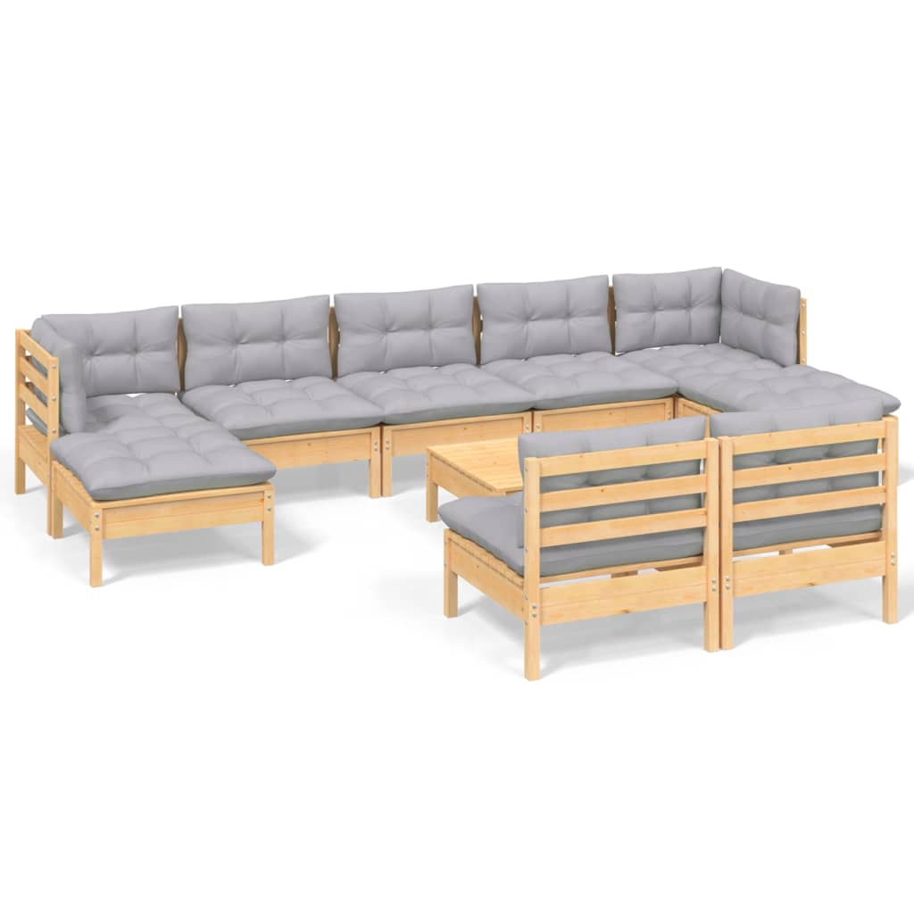 VidaXL Juego De Muebles De Jardín 10 Pzas Y Cojines Madera Pino Gris