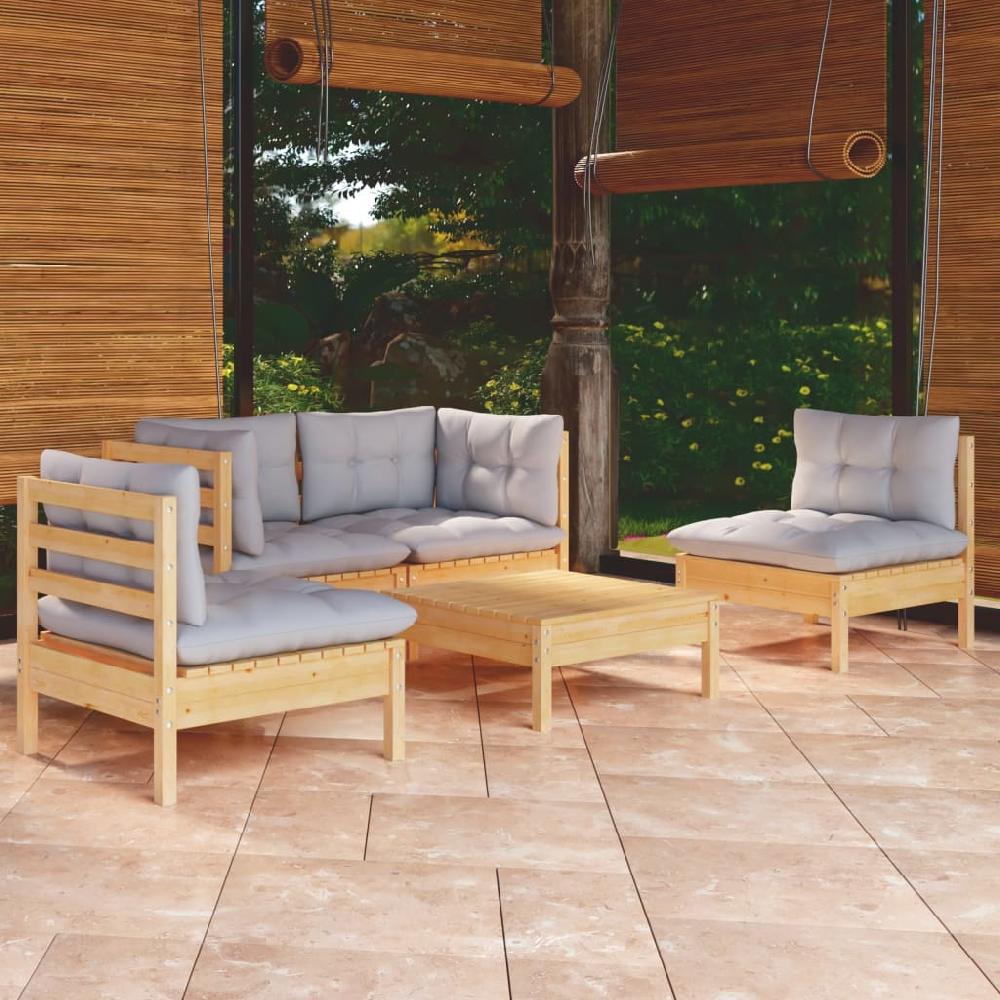 vidaXL Juego de muebles de jardín 5 pzas y cojines madera maciza pino