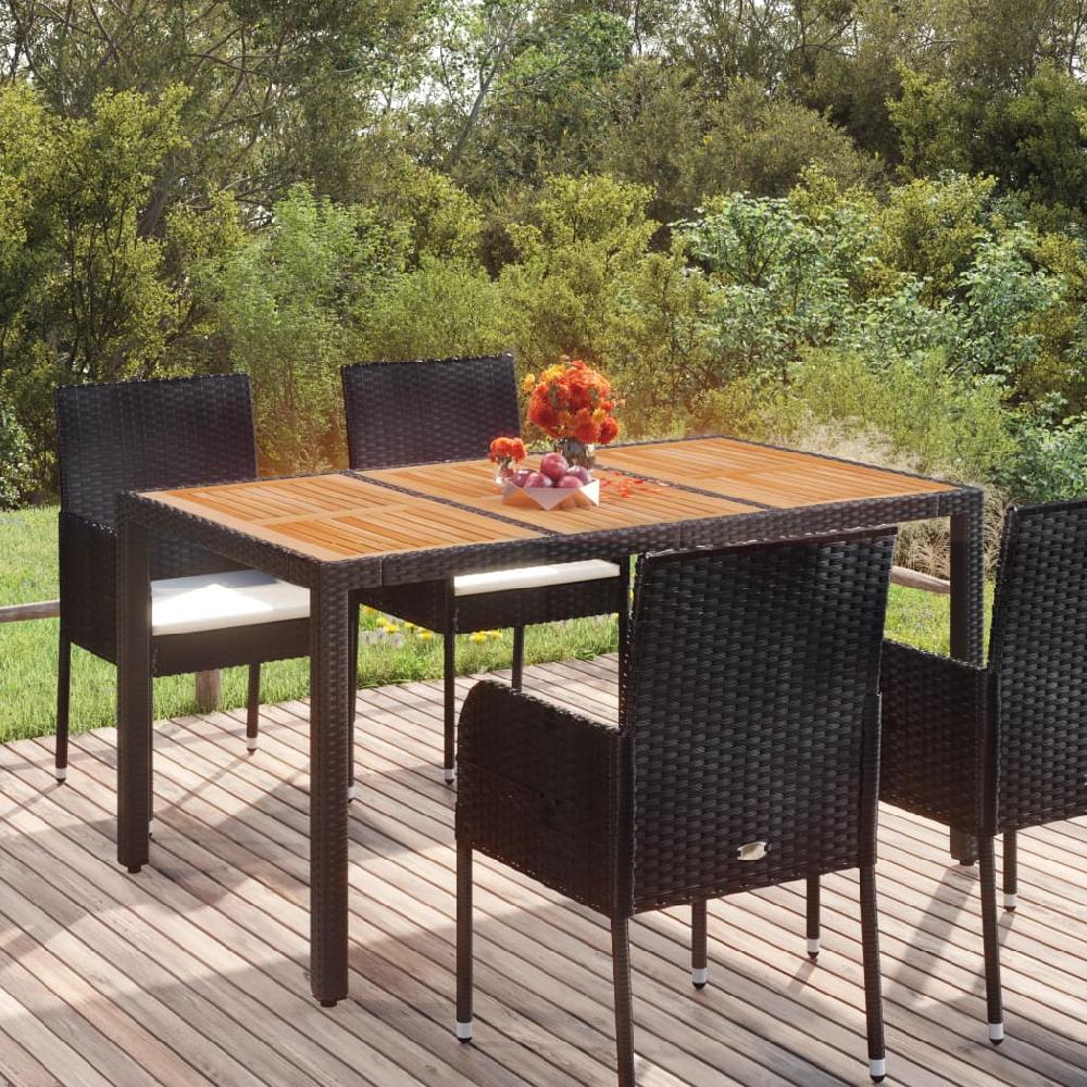 vidaXL Mesa de jardín superficie de madera ratán PE negro 150x90x75 cm