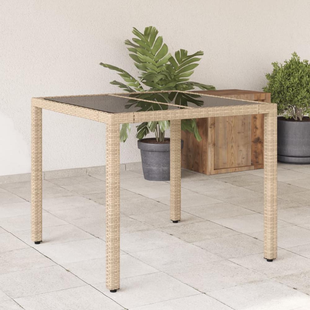 vidaXL Mesa de jardín superficie de vidrio ratán PE beige 90x90x75 cm
