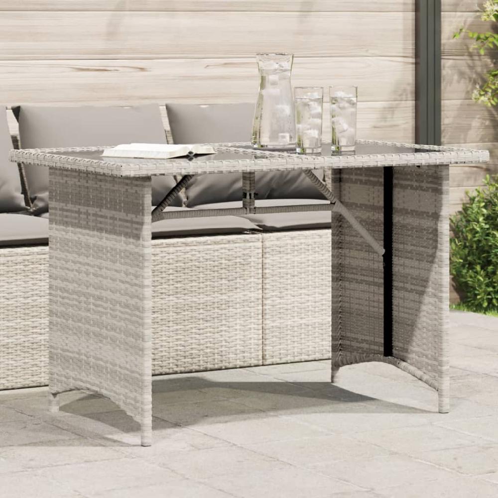 vidaXL Mesa jardín superficie vidrio ratán PE gris claro 110x68x70 cm